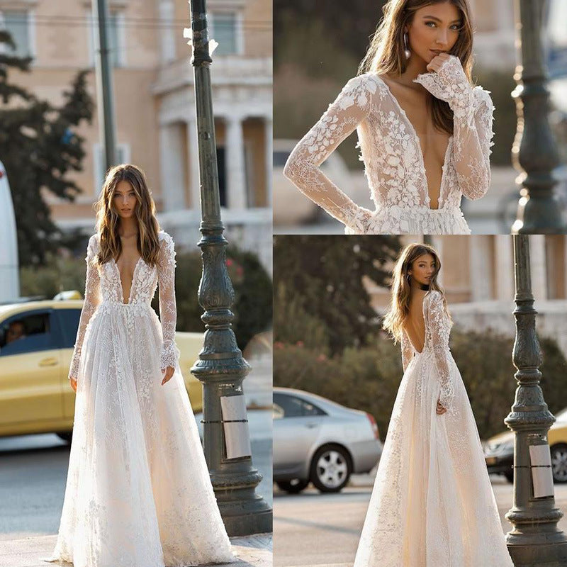 Deep V-Neck Backless Lace Wedding Dress Long Sleeve Chiffon Bridal Evening Gown