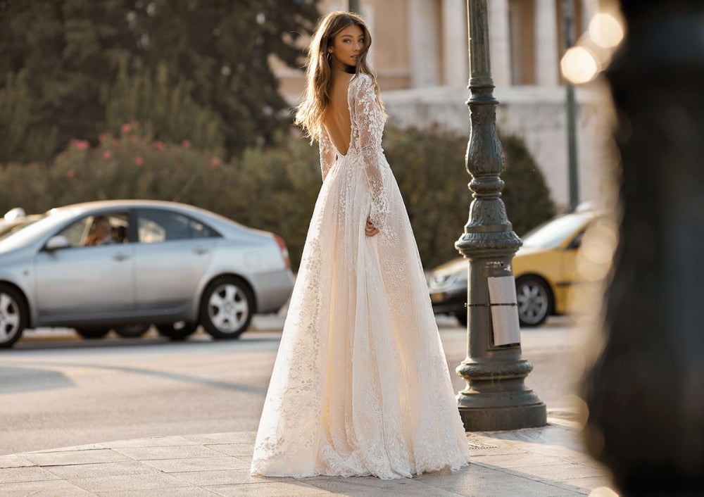 Deep V-Neck Backless Lace Wedding Dress Long Sleeve Chiffon Bridal Evening Gown