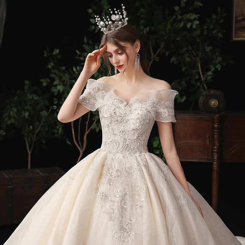 BridalBloom Off-the-Shoulder Lace Diamond Wedding Dress