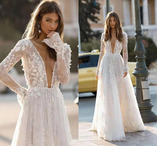 BridalBloom Deep V-Neck Backless Lace Wedding Dresses for Bride 2024 Long Sleeve Chiffon Bridal Gowns Evening Gowns Bridal Dresses - BBsHouse