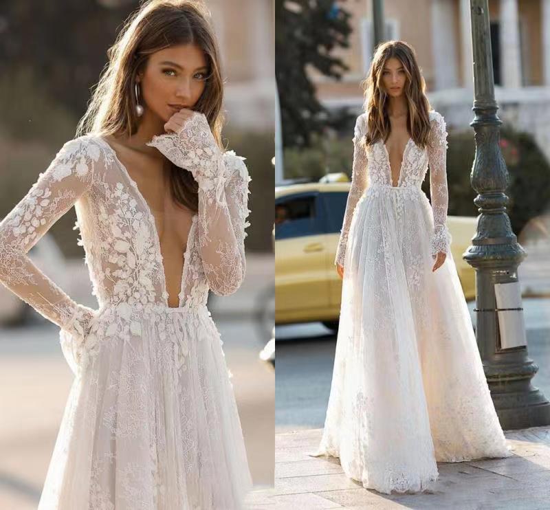 Deep V-Neck Backless Lace Wedding Dress Long Sleeve Chiffon Bridal Evening Gown