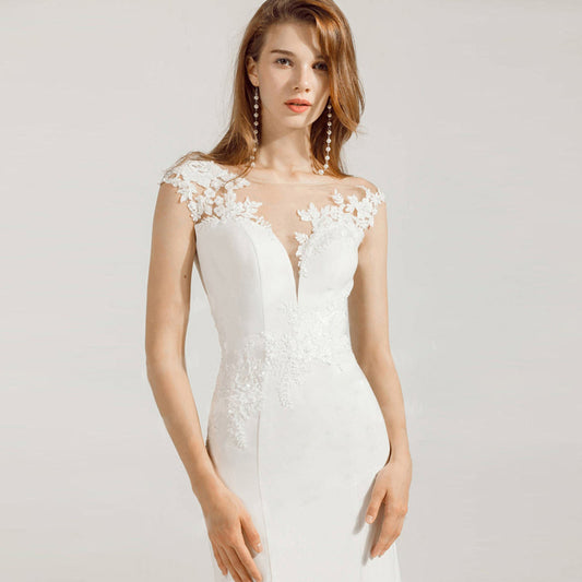 BridalBloom Mermaid White Wedding Dress A-line V-Neck Tulle Lace Backless Wedding Gown Bridal Dress - BBsHouse