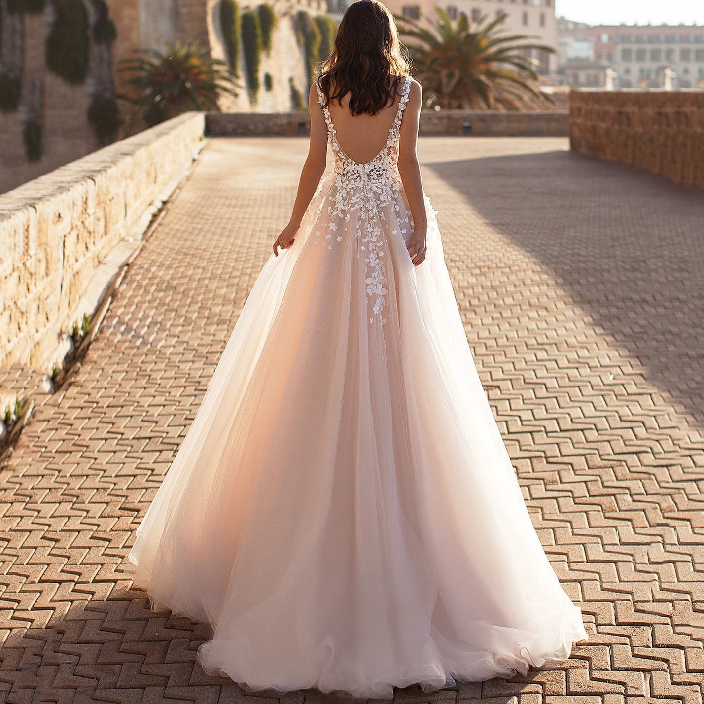 BridalBloom V-Neck Backless Wedding Dress for Bride Applique