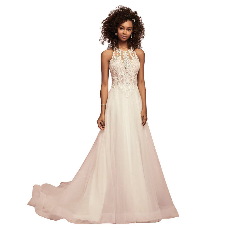 A-Line Wedding Dress  Crew Neck Embroidery Lace Bridal Gown