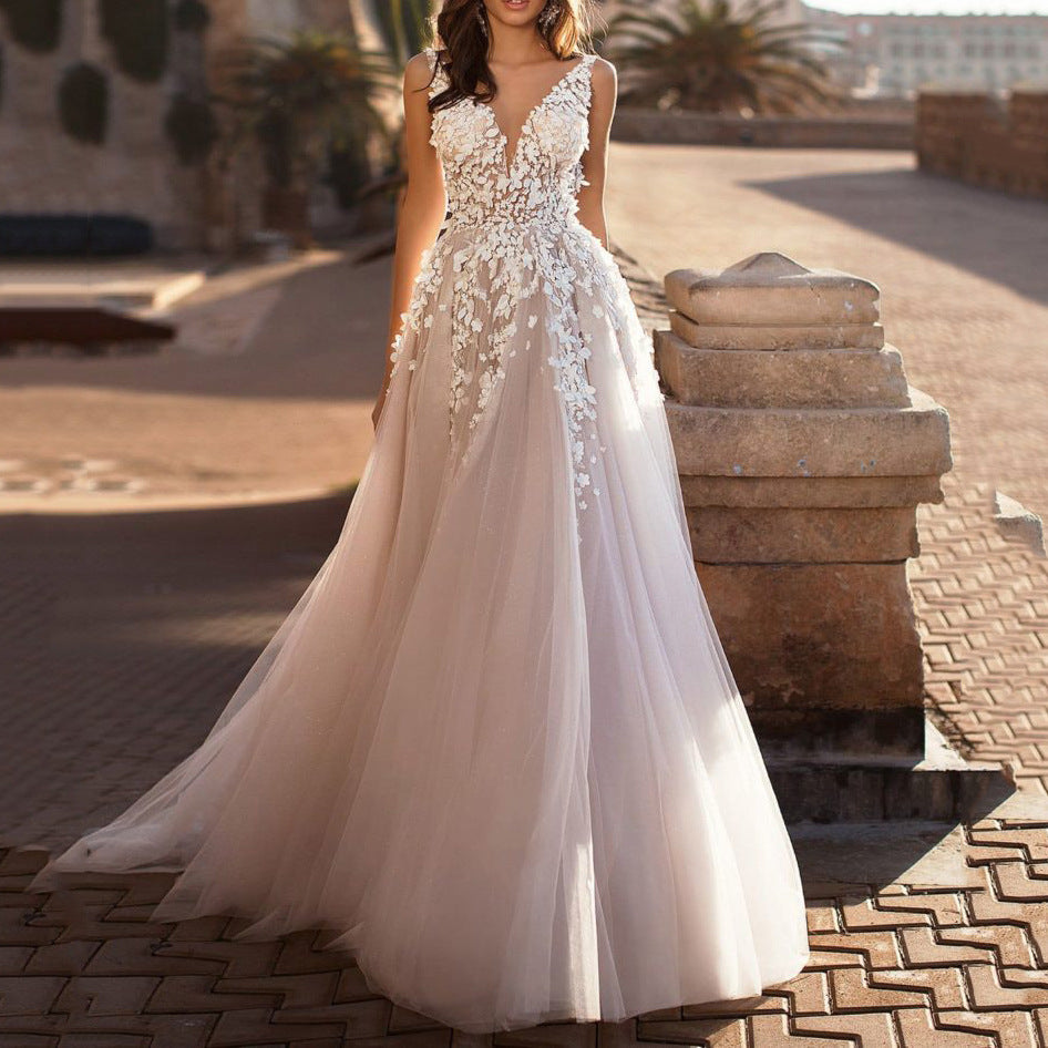 BridalBloom V-Neck Backless Wedding Dress for Bride Applique