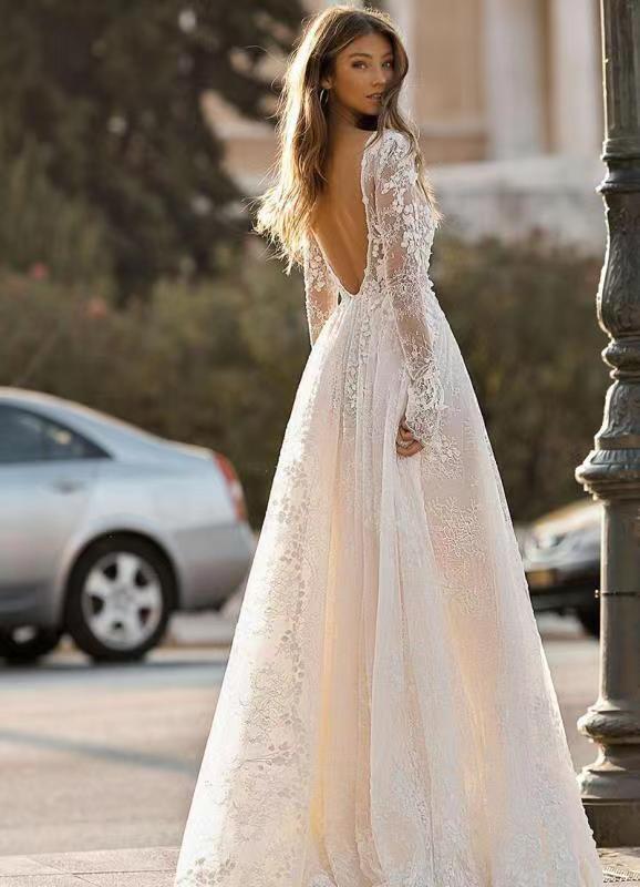 Deep V-Neck Backless Lace Wedding Dress Long Sleeve Chiffon Bridal Evening Gown