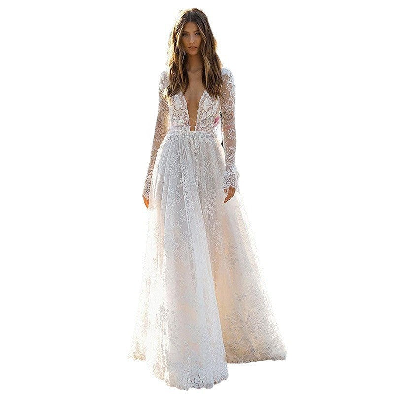 Deep V-Neck Backless Lace Wedding Dress Long Sleeve Chiffon Bridal Evening Gown